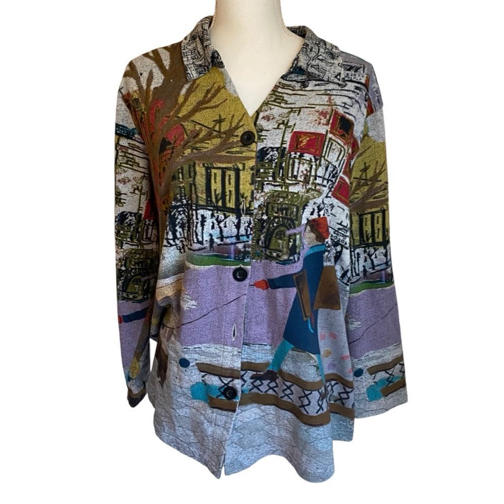 Parsley and Sage Graphic Print Girl Walking Dog City Scene Top  XL